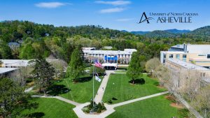 Aerial view of UNC Asheville Quad with logo